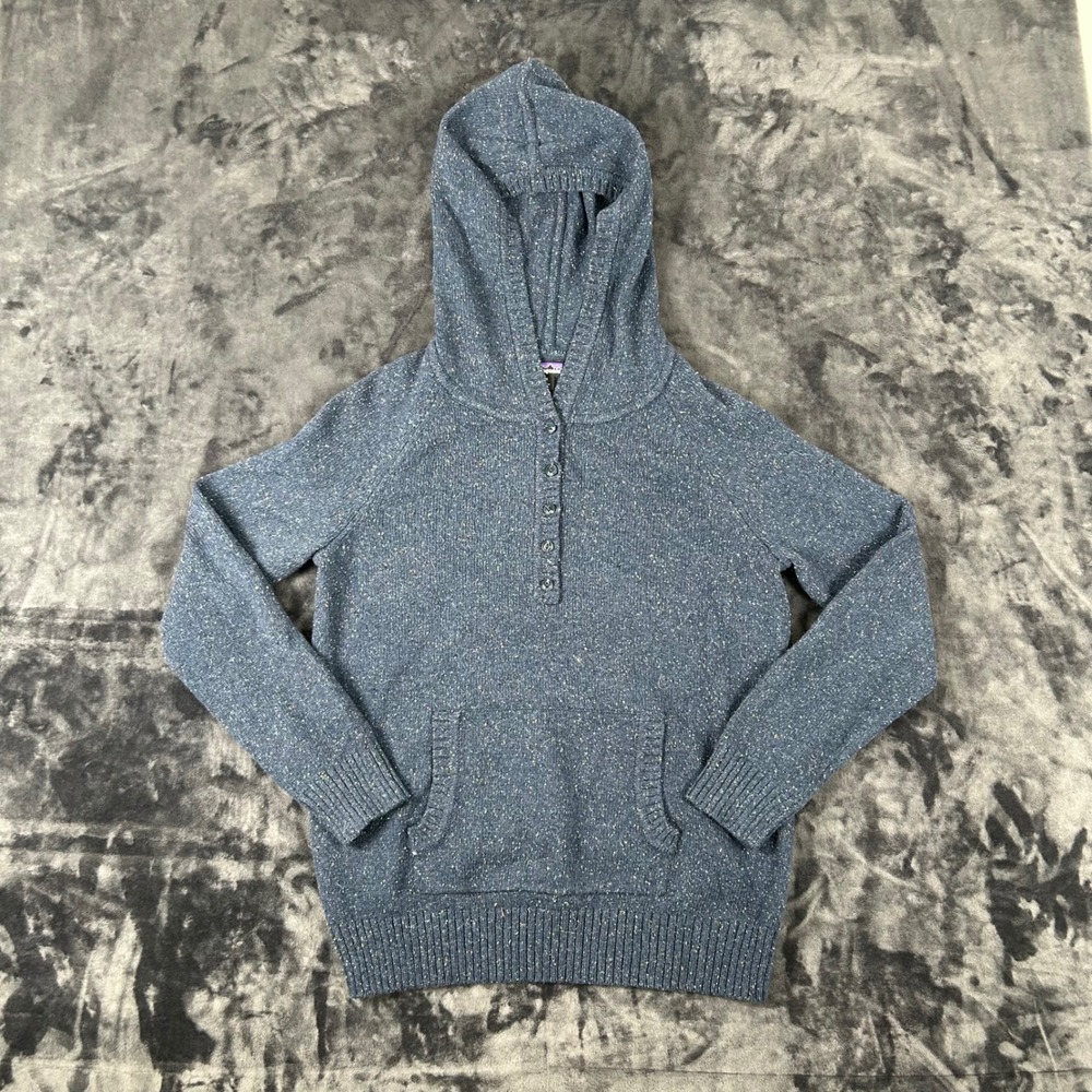 Patagonia Henley Hoodie Sweater Womens Medium Blue Flecked Knit 2916‎